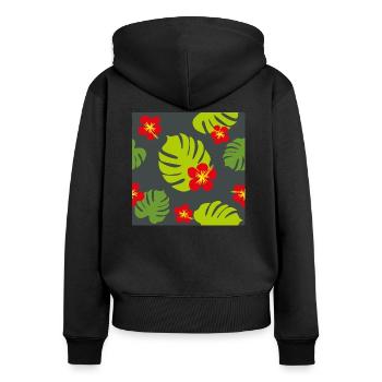 Hibiskus und Monstera auf dunklem Hintergrund - Frauen Premium Bio Zip Hoodie - Schwarz - Hinten - Julia (174cm)