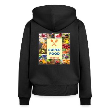 SUPER FOOD BOOSTER - Frauen Premium Bio Zip Hoodie - Schwarz - Hinten - Julia (174cm)