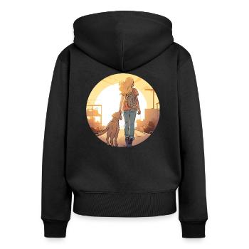Frau mit Golden Retriever im Sonnenuntergang - Frauen Premium Bio Zip Hoodie - Schwarz - Hinten - Julia (174cm)
