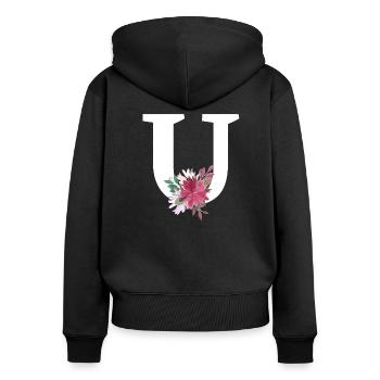 Lettre u floral - Sweat à capuche zippé Premium bio Femme - noir - Dos - Julia (174cm)