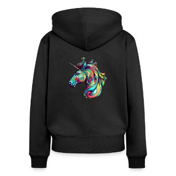 Licorne colorée - Chemise coeur - Sweat à capuche zippé Premium bio Femme - noir - Dos - Julia (174cm)