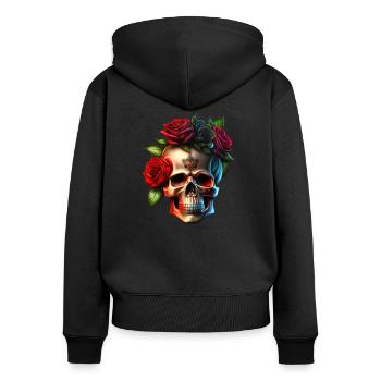 Totenkopf mit Rosen - Frauen Premium Bio Zip Hoodie - Schwarz - Hinten - Julia (174cm)