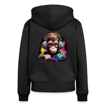 Baby Affe mit Headset Monkey Witzig - Frauen Premium Bio Zip Hoodie - Schwarz - Hinten - Julia (174cm)