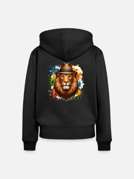 Löwe mit Hut - Frauen Premium Bio Zip Hoodie - Schwarz