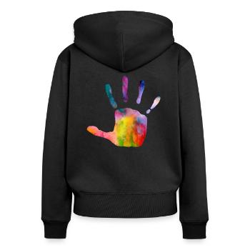 Damen, Herre, kinder T-shirt für jeden Anlass - Frauen Premium Bio Zip Hoodie - Schwarz - Hinten - Julia (174cm)