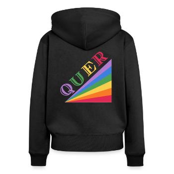 QUER Regenbogen - Frauen Premium Bio Zip Hoodie - Schwarz - Hinten - Julia (174cm)