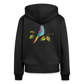 Bunter Vogel - Frauen Premium Bio Zip Hoodie - Schwarz - Hinten - Julia (174cm)