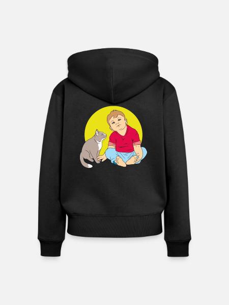 Junge spricht mit Katze - Frauen Premium Bio Zip Hoodie - Schwarz