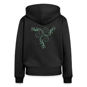 GECKO triple 3 - Frauen Premium Bio Zip Hoodie - Schwarz - Hinten - Julia (174cm)