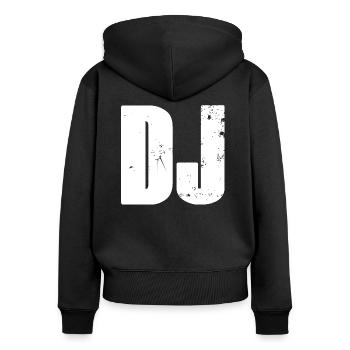 DJ - Frauen Premium Bio Zip Hoodie - Schwarz - Hinten - Julia (174cm)