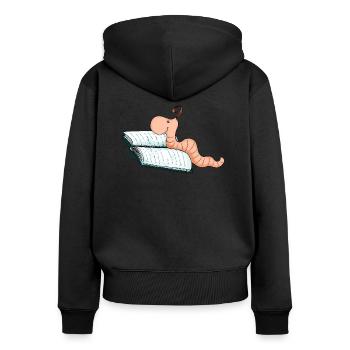 Bücherwurm Willi - Frauen Premium Bio Zip Hoodie - Schwarz - Hinten - Julia (174cm)