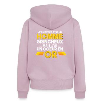 je suis homme grincheux mais j'ai un coeur en or - Sweat à capuche zippé Premium bio Femme - rose poudré - Dos - Julia (174cm)