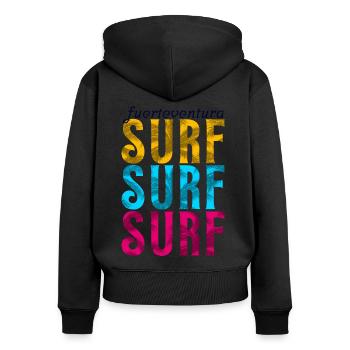 SURF Fuerteventura - Frauen Premium Bio Zip Hoodie - Schwarz - Hinten - Julia (174cm)