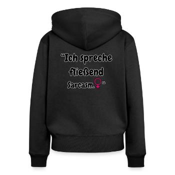 « Je parle sarcasme » - Sweat à capuche zippé Premium bio Femme - noir - Dos - Julia (174cm)
