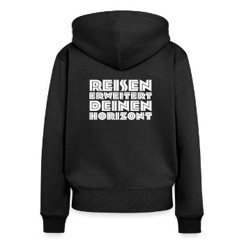 reisen horizont - Frauen Premium Bio Zip Hoodie - Schwarz - Hinten - Julia (174cm)