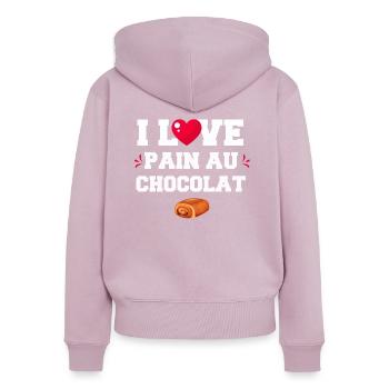 I Love pain au chocolat. cadeau humour - Sweat à capuche zippé Premium bio Femme - rose poudré - Dos - Julia (174cm)