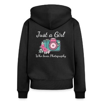 Juste une fille - Sweat à capuche zippé Premium bio Femme - noir - Dos - Julia (174cm)