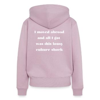 L’émigrant dit anglais drôle - Sweat à capuche zippé Premium bio Femme - rose poudré - Dos - Julia (174cm)