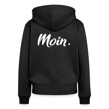 Moin. White - Frauen Premium Bio Zip Hoodie - Schwarz - Hinten - Julia (174cm)