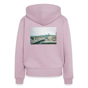 Prime Tower Zürich - Frauen Premium Bio Zip Hoodie - Altrosa - Hinten - Julia (174cm)