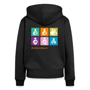 Piktogramme Buntstillen 2023 NEU ohneLogo - Frauen Premium Bio Zip Hoodie - Schwarz - Hinten - Julia (174cm)