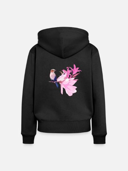Vogel mit Blüten - Frauen Premium Bio Zip Hoodie - Schwarz