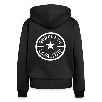 Qualität geprüft Gütesiegel Stempel Icon - Frauen Premium Bio Zip Hoodie - Schwarz - Hinten - Julia (174cm)