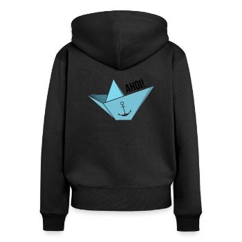 Papierschiff mit Anker Meer Spruch Hamburg Ahoi - Frauen Premium Bio Zip Hoodie - Schwarz - Hinten - Julia (174cm)