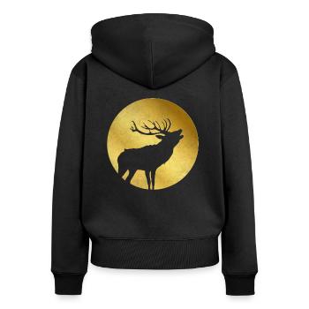 Hirsch in Gold röhrt zur Brunft Landhaus mode - Frauen Premium Bio Zip Hoodie - Schwarz - Hinten - Julia (174cm)