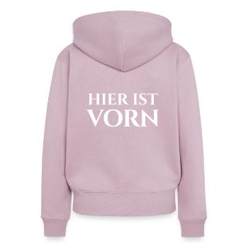 HIER IST VORN - Frauen Premium Bio Zip Hoodie - Altrosa - Hinten - Julia (174cm)
