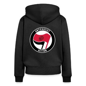 Antifascist Action – 3 Arrows - Frauen Premium Bio Zip Hoodie - Schwarz - Hinten - Julia (174cm)