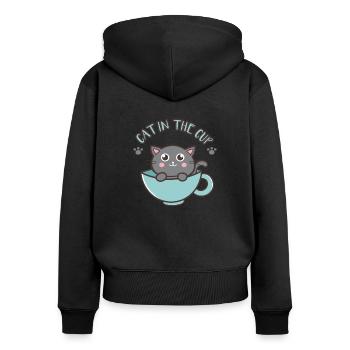 Chat gris de dessin animé mignon dans la tasse - Sweat à capuche zippé Premium bio Femme - noir - Dos - Julia (174cm)