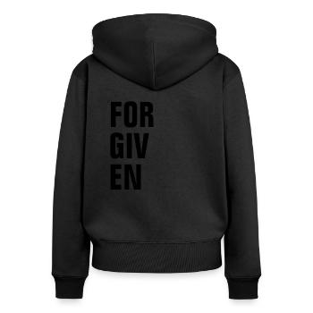VERGEBEN - Christian - Frauen Premium Bio Zip Hoodie - Schwarz - Hinten - Julia (174cm)