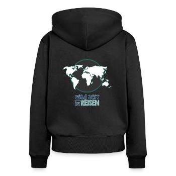 wird Zeit zu reisen Logo - Frauen Premium Bio Zip Hoodie - Schwarz - Hinten - Julia (174cm)