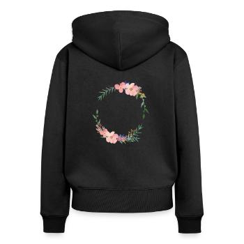Moderner Blumenkranz -personalisierbar - Frauen Premium Bio Zip Hoodie - Schwarz - Hinten - Julia (174cm)