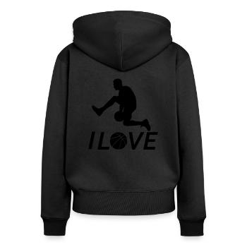 i love - Sweat à capuche zippé Premium bio Femme - noir - Dos - Julia (174cm)