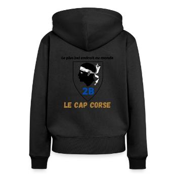 T-shirt Corse Le Cap Corse cadeau anniversaire - Sweat à capuche zippé Premium bio Femme - noir - Dos - Julia (174cm)