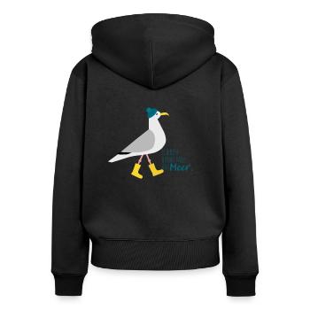 Ich bin dann mal am Meer | Möwe - Frauen Premium Bio Zip Hoodie - Schwarz - Hinten - Julia (174cm)