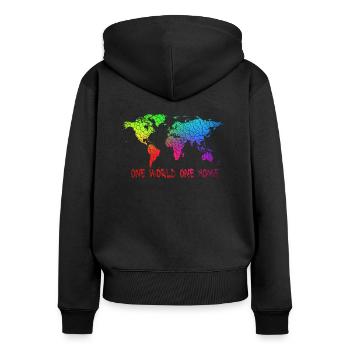 Un monde une maison - Sweat à capuche zippé Premium bio Femme - noir - Dos - Julia (174cm)