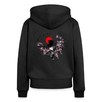 KETTE X Brompton Sakura - Frauen Premium Bio Zip Hoodie - Schwarz - Hinten - Julia (174cm)