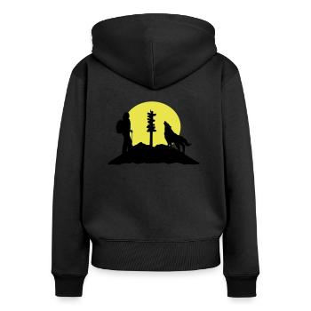 Wandern in den Bergen, Wanderin - Frauen Premium Bio Zip Hoodie - Schwarz - Hinten - Julia (174cm)