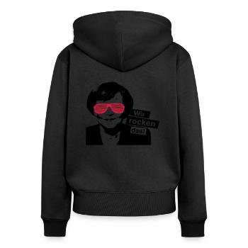 Angela Merkel Wir rocken schaffen das Spruch Party - Frauen Premium Bio Zip Hoodie - Schwarz - Hinten - Julia (174cm)