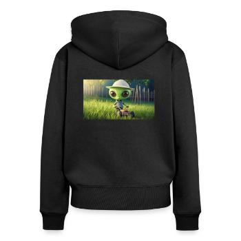 niedliches kleines grünes Retro Alien Rasen mähen - Frauen Premium Bio Zip Hoodie - Schwarz - Hinten - Julia (174cm)