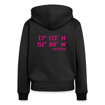 Coordonnées Antigua - Coordonnées - Caraïbes - Sweat à capuche zippé Premium bio Femme - noir - Dos - Julia (174cm)