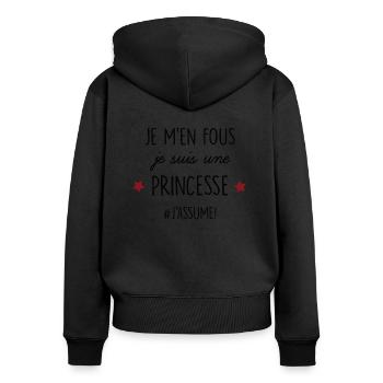 je m en fous, je suis une princesse, j'assume ! - Sweat à capuche zippé Premium bio Femme - noir - Dos - Julia (174cm)