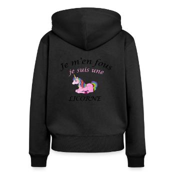 Je m'en fou je suis une licorne - Sweat à capuche zippé Premium bio Femme - noir - Dos - Julia (174cm)