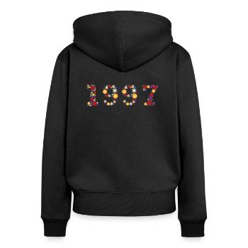 Fleurs 1997 - Sweat à capuche zippé Premium bio Femme - noir - Dos - Julia (174cm)