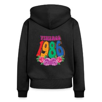 Vintage 1986, Fleur Rétro, Cadeau 36ème Anniversaire - Sweat à capuche zippé Premium bio Femme - noir - Dos - Julia (174cm)