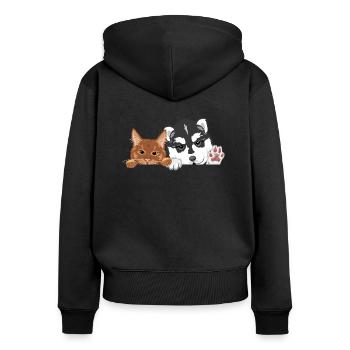 Coup d’œil drôle de chat roux et chien husky - Sweat à capuche zippé Premium bio Femme - noir - Dos - Julia (174cm)