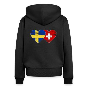 Suède Suisse Drapeau Coeur Utilisé - Sweat à capuche zippé Premium bio Femme - noir - Dos - Julia (174cm)